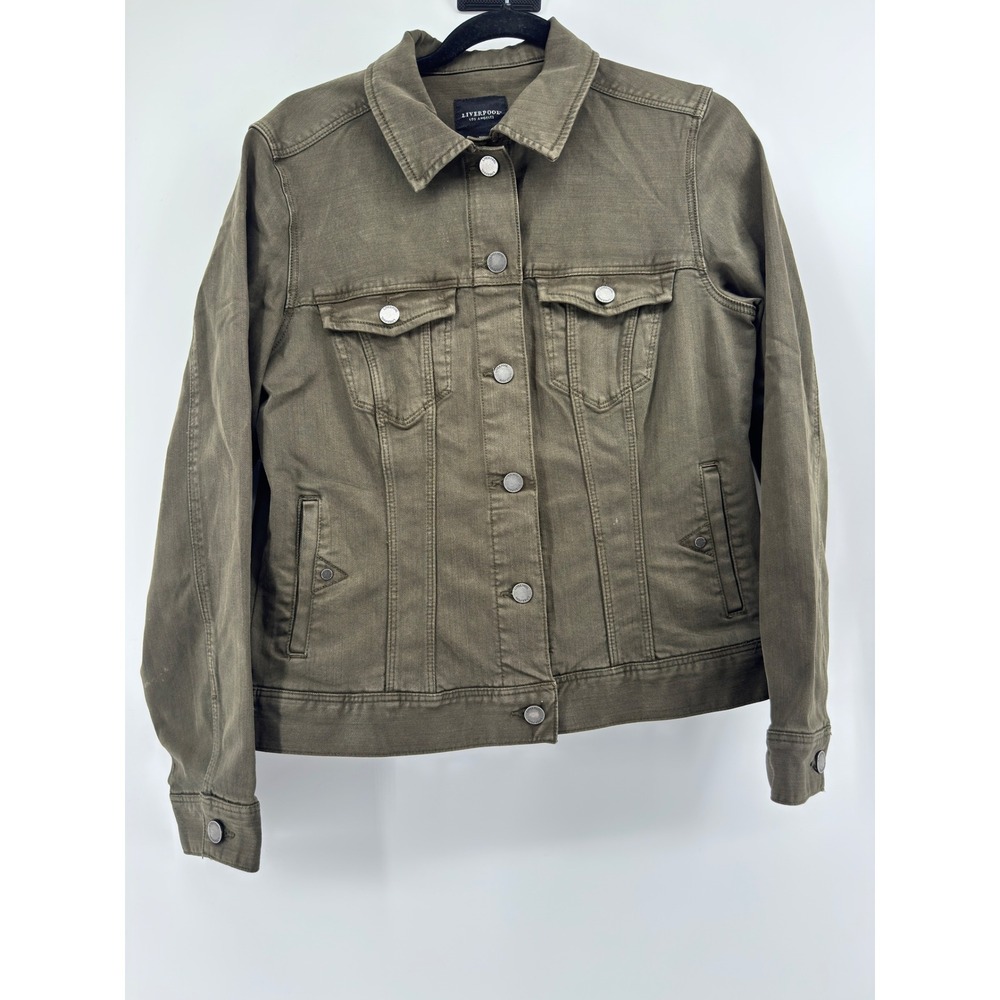 Liverpool Los Angeles Olive Green Power Stretch Denim Trucker Jacket Size M